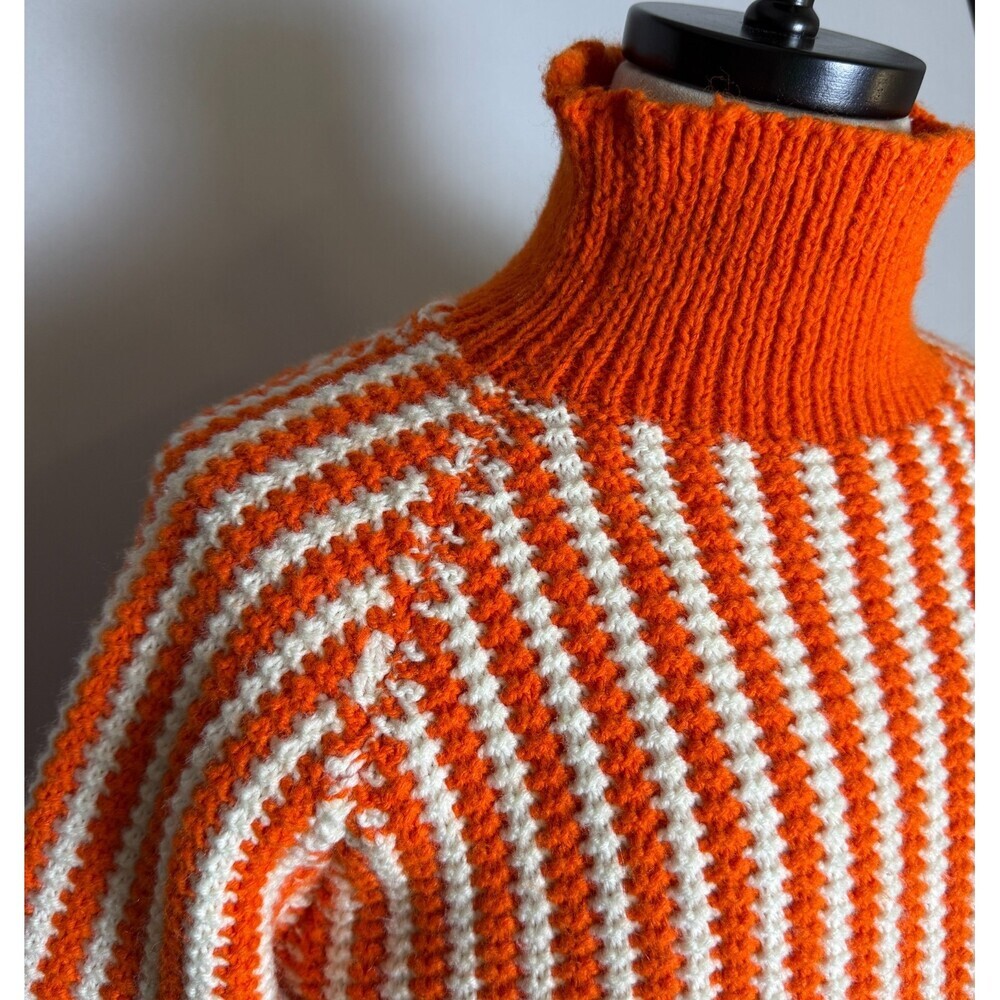 Handmade HandKnit Women's Sweater Orange & White Stripes, Sz L, Turtle/Mock Neck - Picture 5 of 16